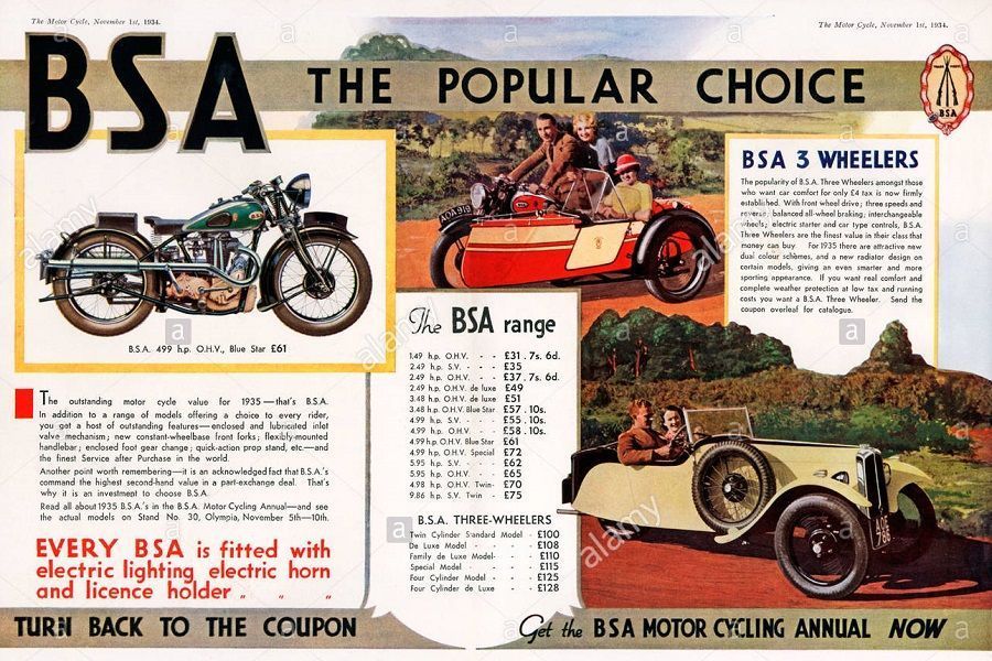1935 bsa motos magazine anuncio para la gama de motocicletas britanica y 3 ruedas la eleccion popular a6wm8t